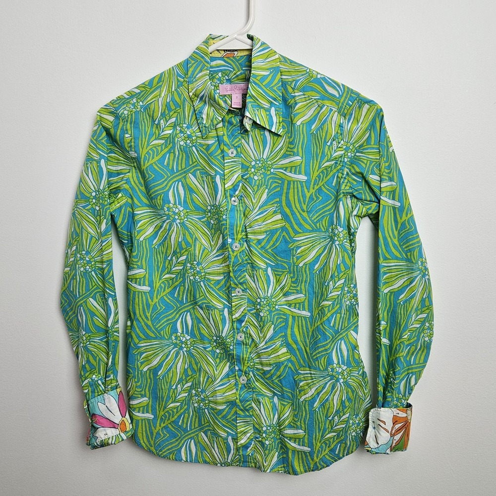 Lilly Pulitzer Button Down Shirt Sz 2 Seaweed Green Daisy Flip Cuff Long Sleeve